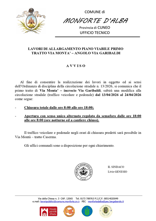 Temporanea modifica della viabilità per lavori di allargamento piano viabile primo tratto via Montà - angolo via Garibaldi.

