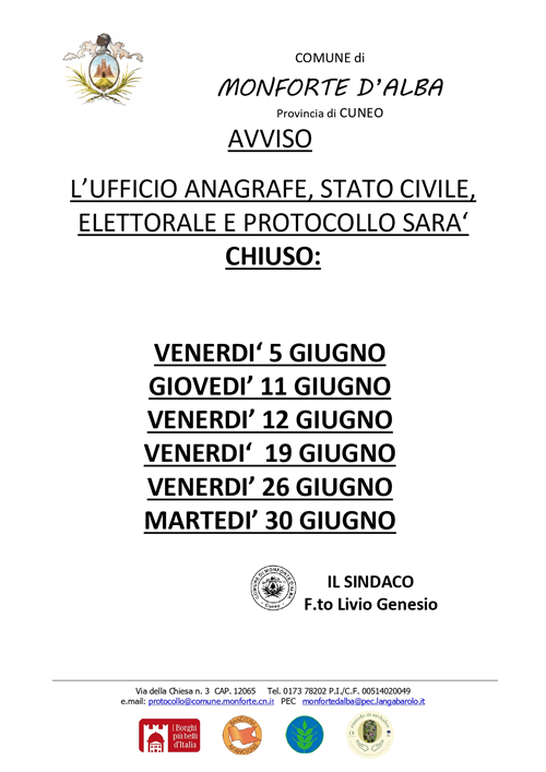 Avviso chiusura ufficio anagrafe, stato civile, elettorale, protocollo. Giugno 2026