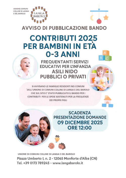 Bando contributi asili nido 2025 - scadenza presentazione domande 09.12.25 ore 12.00