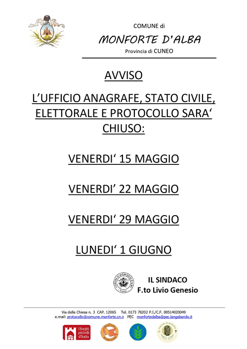 Avviso chiusura ufficio anagrafe, stato civile, elettorale, protocollo.