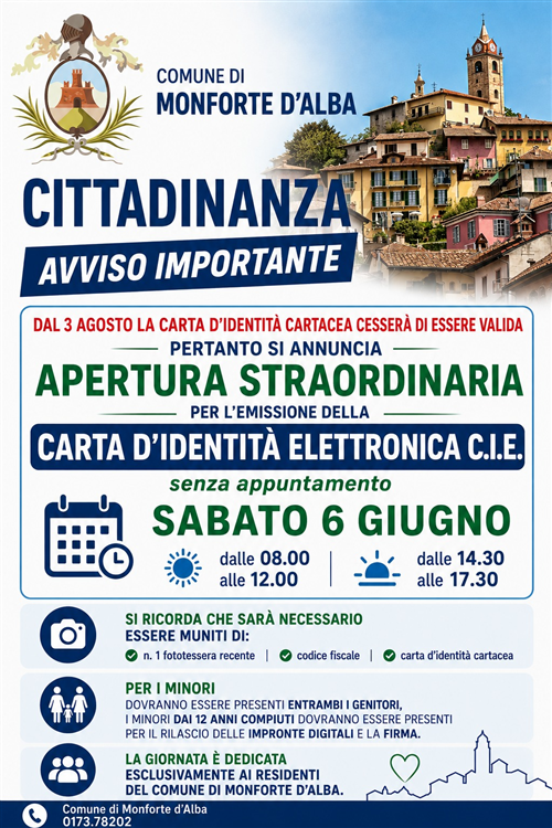 Apertura straordinaria ufficio anagrafe per emissione C.I.E. carta d'identità elettronica, sabato 6 giugno 2026